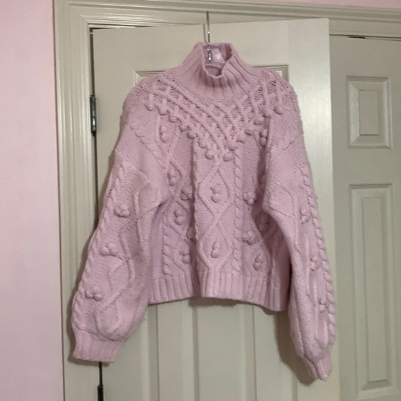 Zara Chunky Cable  Knit Pink Pom Pom Slouchy Sweater Balloon  Sleeves  Med Boho - Picture 3 of 10